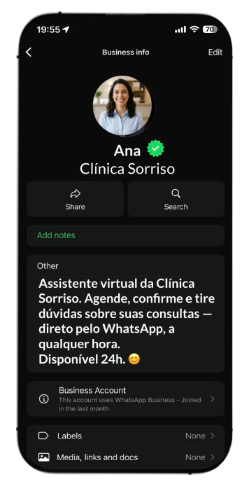 Perfil da Ana - Assistente Virtual da Clínica Sorriso no WhatsApp